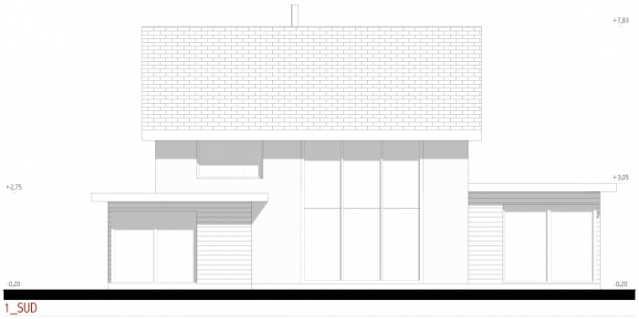 Projet d'une maison individuelle en bois, terre et paille : AE005 - PRO 10 - faades sud