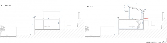 Surlvation d'une maison pour la cration d'une suite parentale : e-surelevation-extension-maison-villa-coupe-projet-jeremy-azzaro-architecte