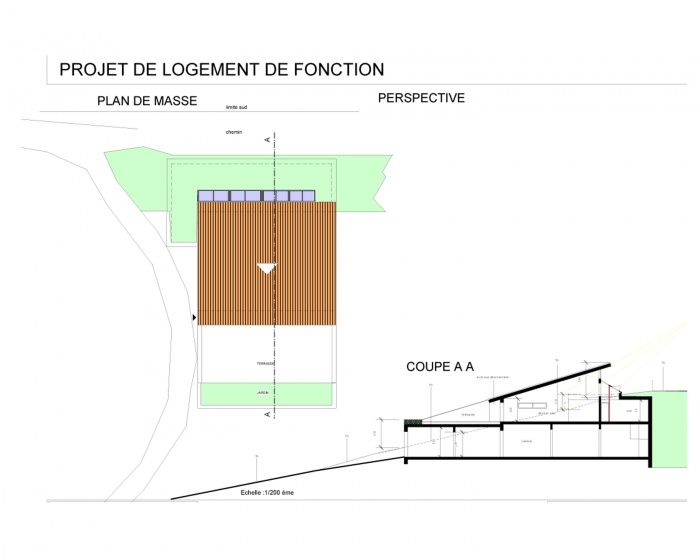 LOGEMENT DE FONCTION ET LOCAUX TECHNIQUES  Calvisson : plan de masse et coupe de principe